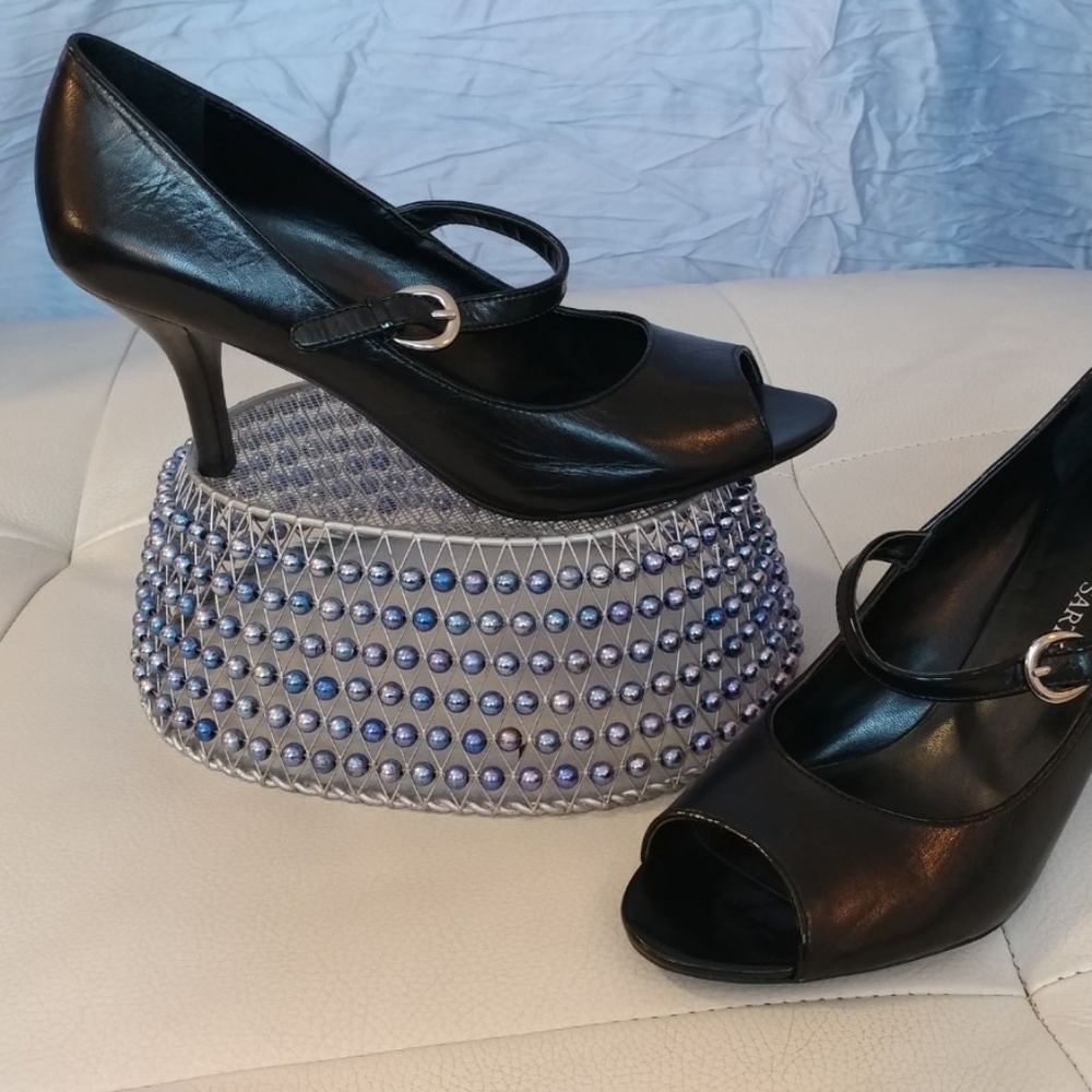 Leather peep toe mary jane heels